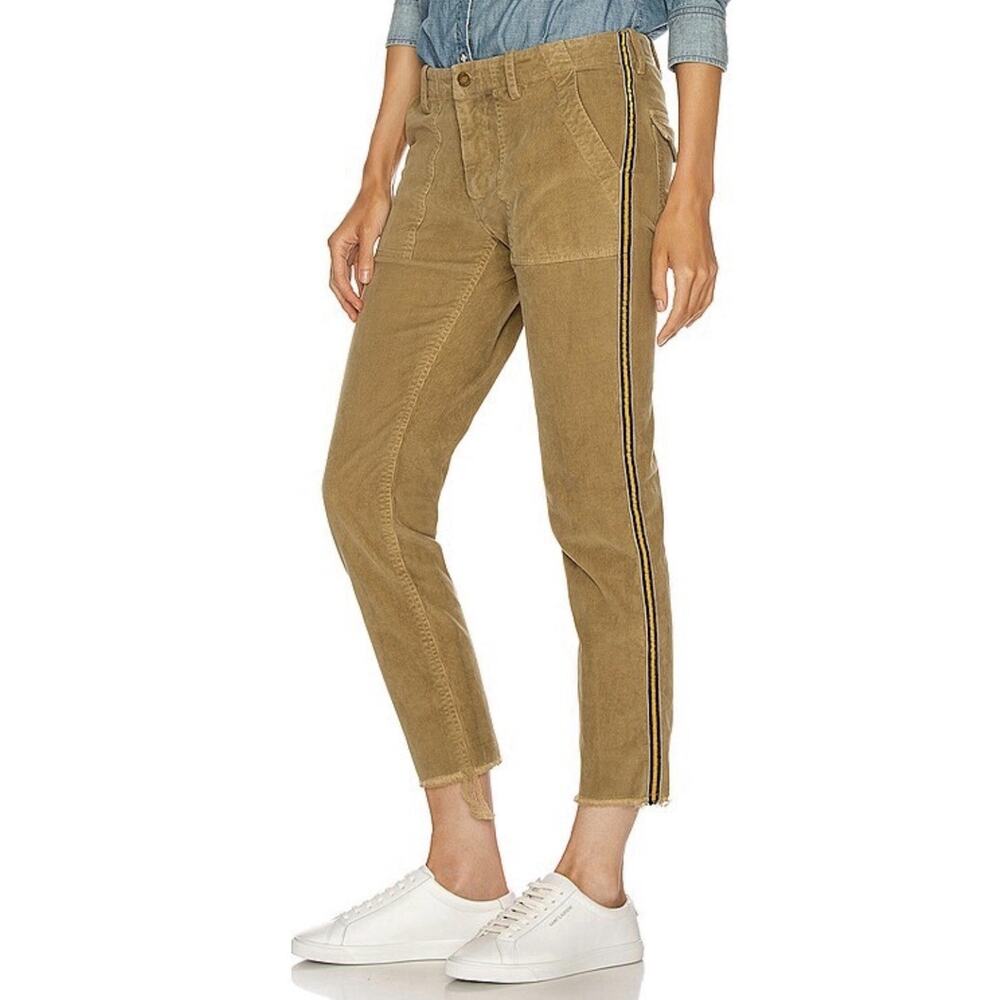 Nili Lotan Jenna Corduroy Pants Size 4 Mossy Gold Brown Side Stripe Raw Hem